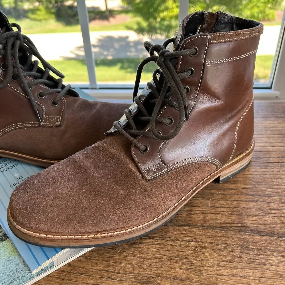 Men's Brown Leather Suede Cap-Toe Lace-Up Boots Size 9.5 Side Zip
